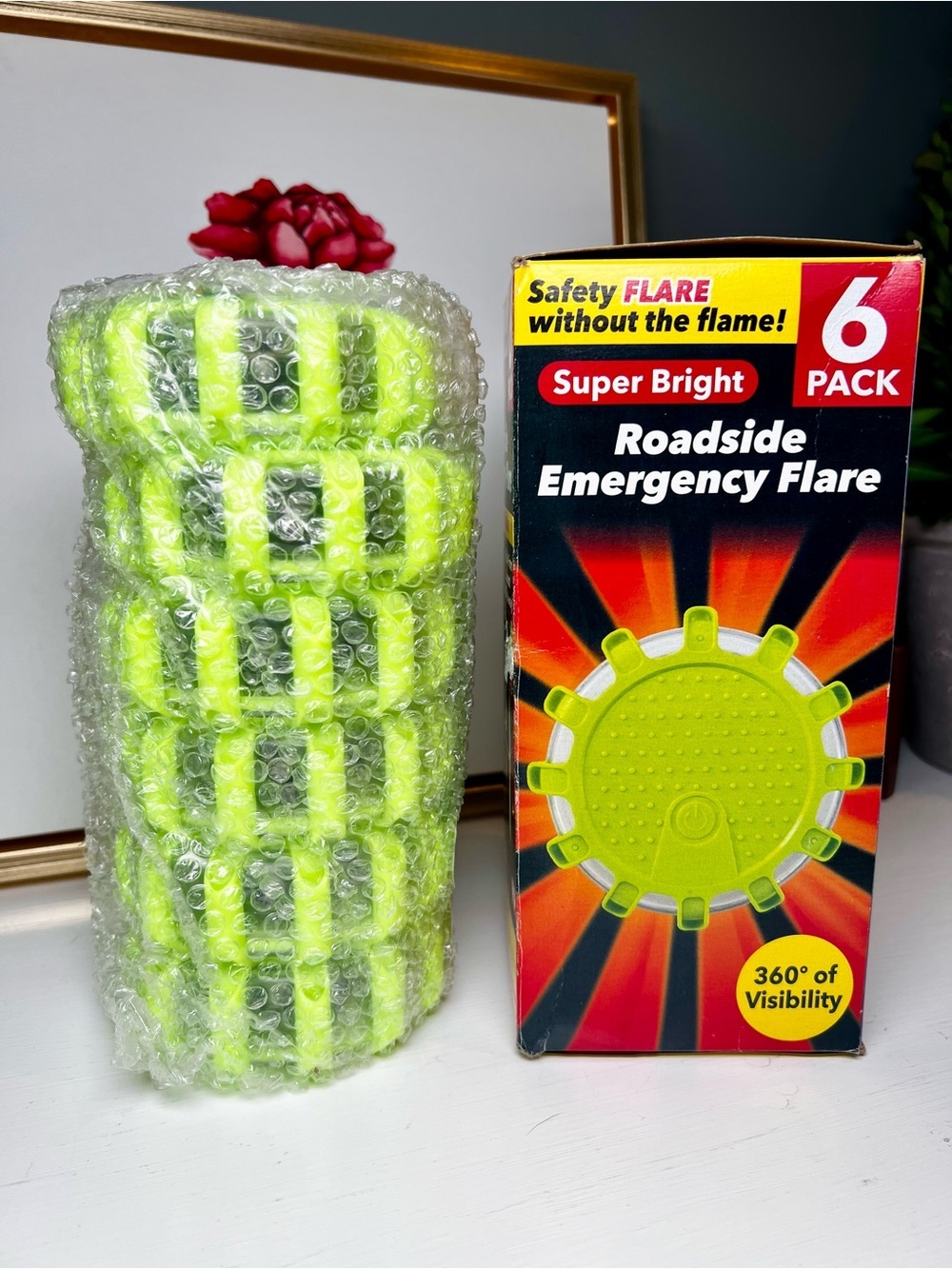 Safety Flare LED Roadside Marker - Bright Lime Green 8 Safety Modes (6 Pack)